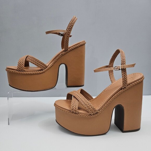 NEW Schutz Karima Platform Womens 9.5 Tan Leather Braided Chunky Block Heel 70s - Picture 2 of 14